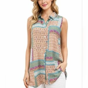 Rose + Olive Sleeveless Button Front Tunic Top Women’s Medium Boho Patchwork